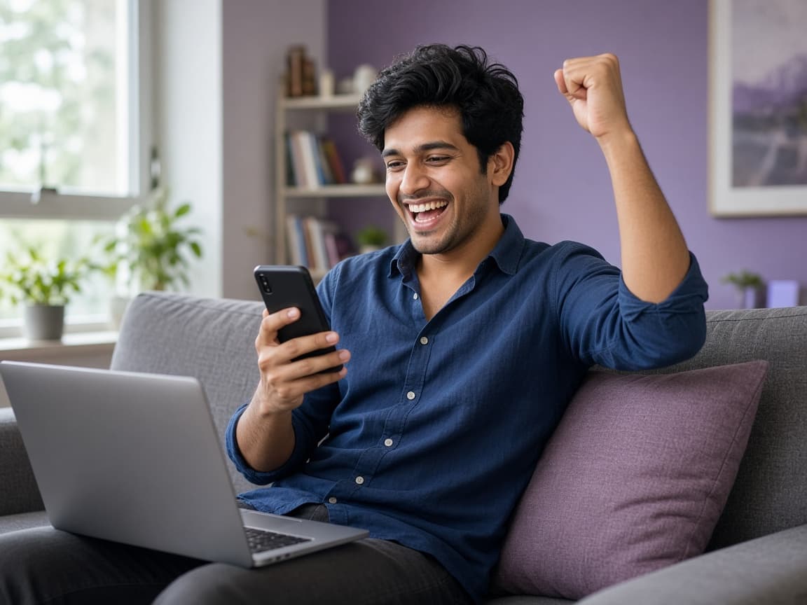 Young professional celebrating a job offer on his phone